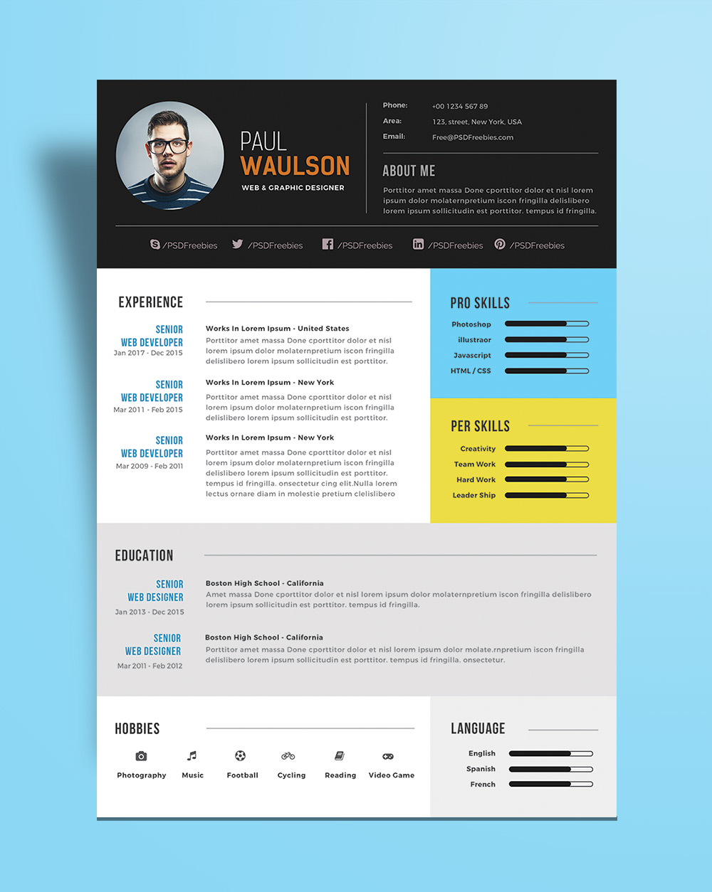 free modern resume template for web    graphic designer psd file