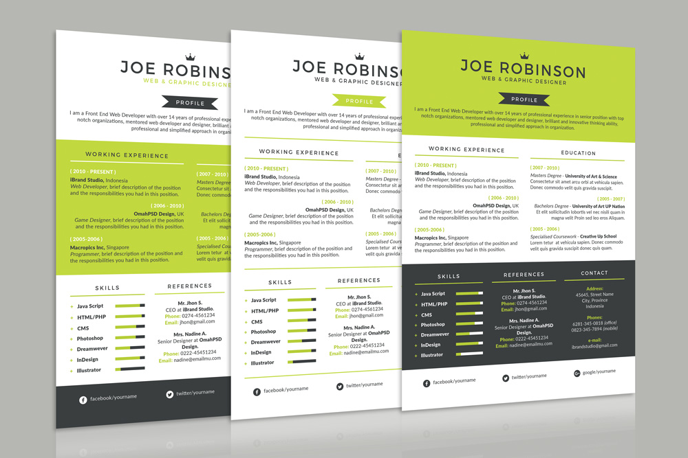 Elegant & Professional Resume (CV) Design Template in 3 Different Colors PSD File (1)