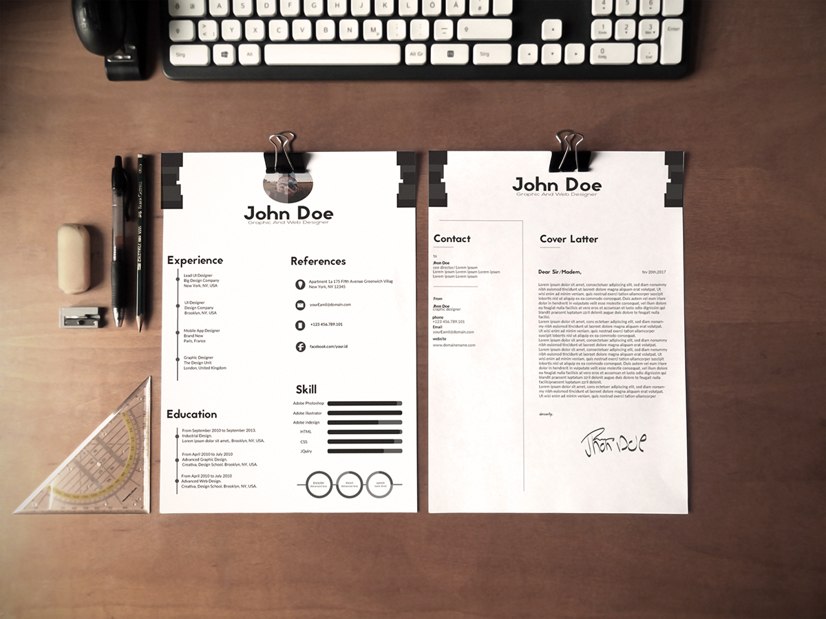Free Black & White Minimalistic Resume (CV) Design With Cover Letter Ai File (1)