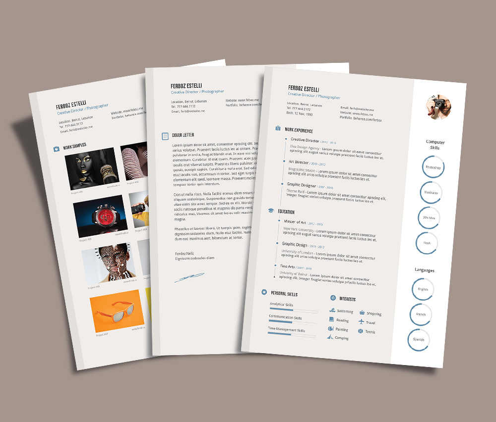 Free Professional Resume (CV) Template With Cover Letter & Portfolio For Graphic Design & Photographer Ai File-2