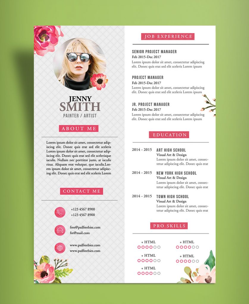 Free Artistic Resume (CV) Design Template PSD File - Good Resume