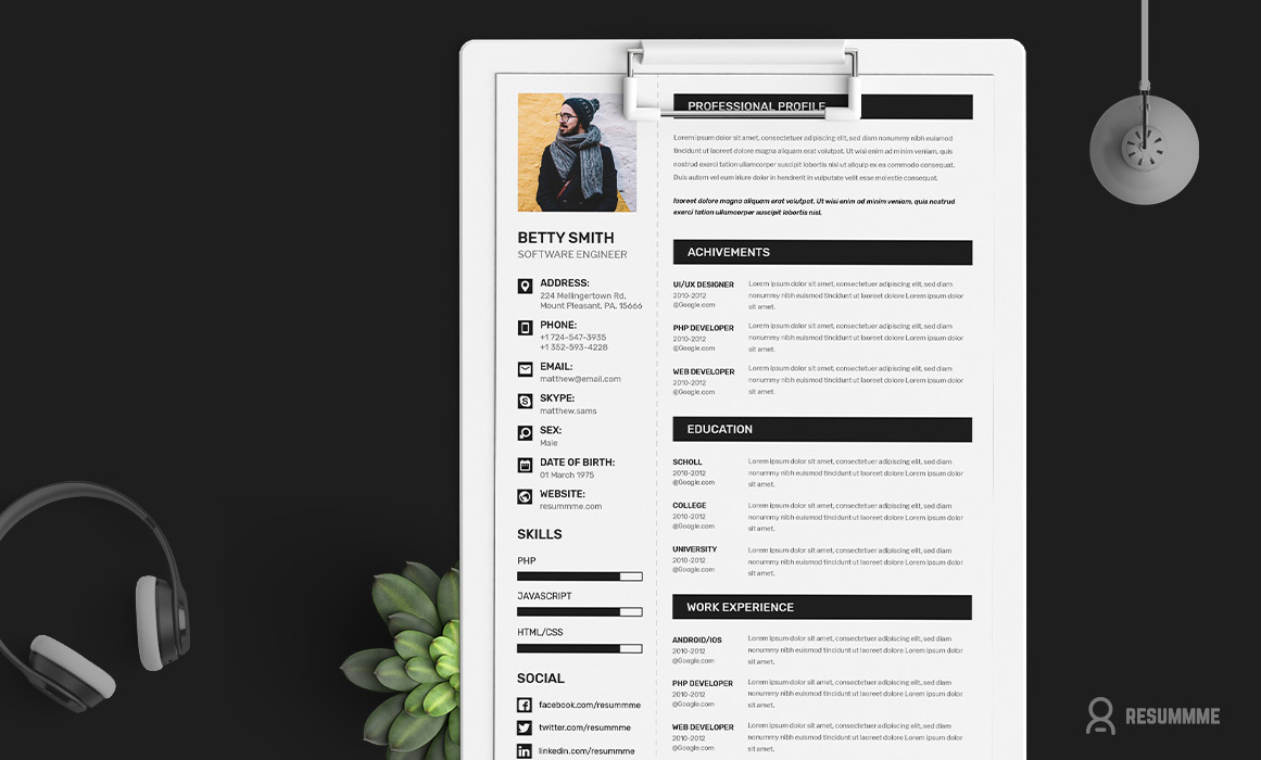 Free Simple Resume (CV) Design Template With Cover Letter & Portfolio Ai File (1)